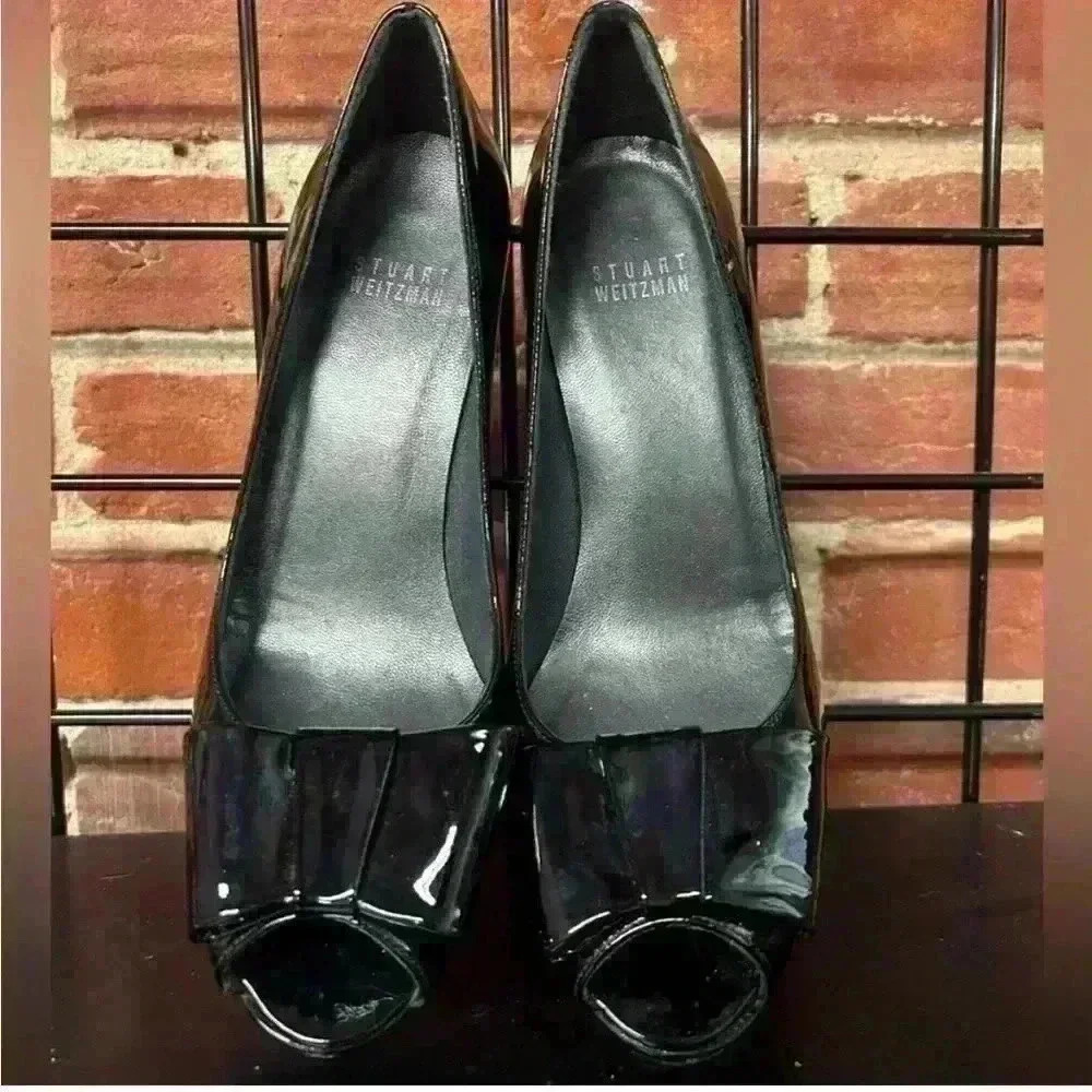 Stuart Weitzman 7.5 Black Patent Open-Toe Heels W… - image 5